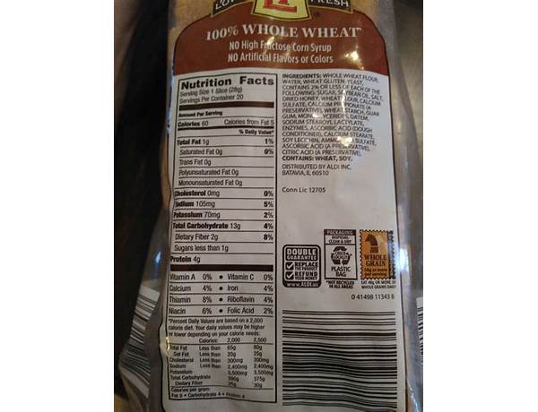 100% whole weat bread food facts