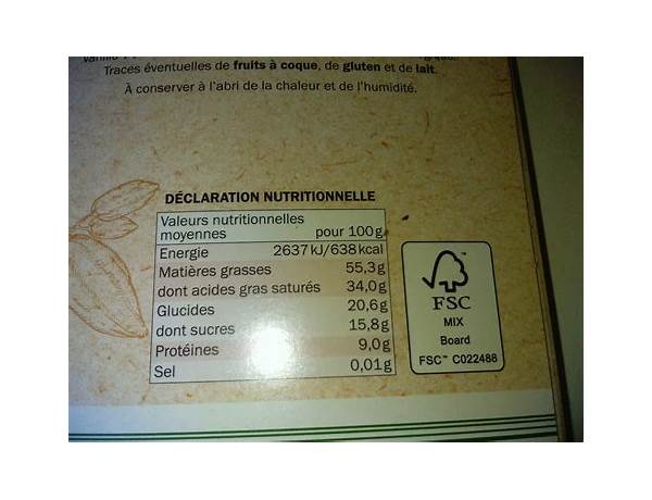 Bio chocolat noir equateur food facts