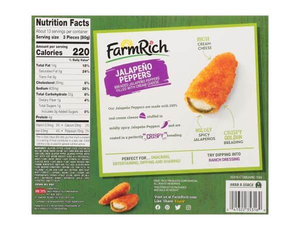 Breaded jalapeno peppers filled with cream cheese nutrition facts