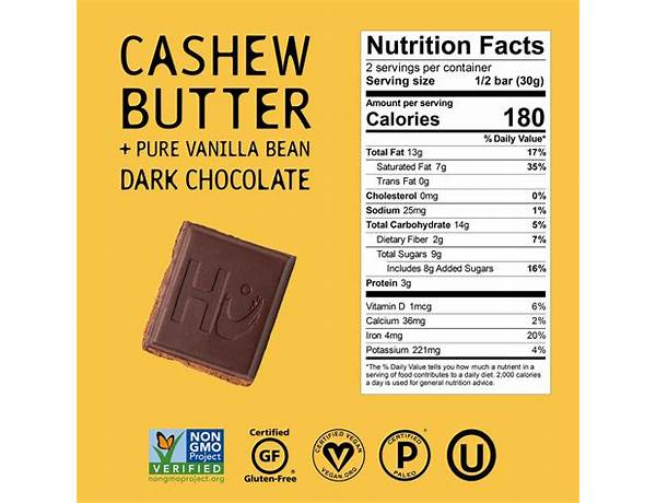 Cashew butter + pure vanilla bean dark chocolate bar food facts