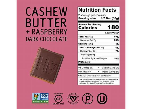 Cashew butter + raspberry dark chocolate bar food facts