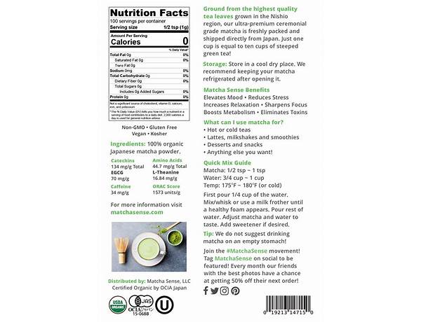 Certified organic matcha tea nutrition facts