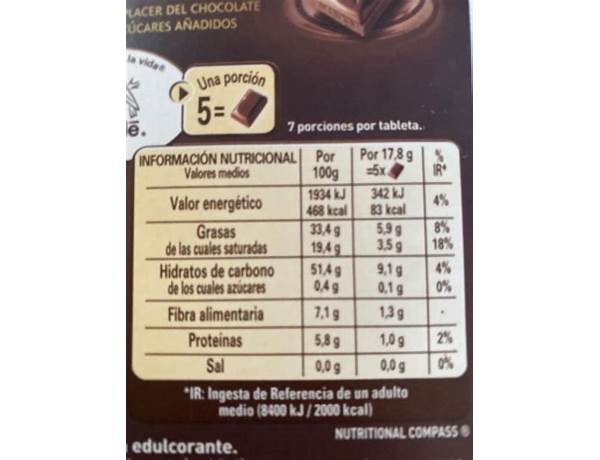 Chocolate negro sin azucar food facts