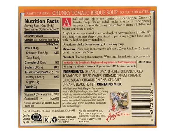 Chunky tomato bisque organic soups nutrition facts