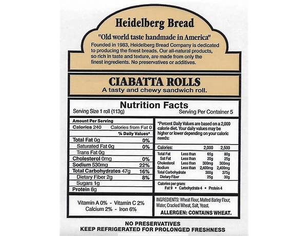 Ciabatta rolls 6-pack nutrition facts