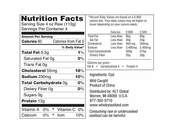 Cod fillets nutrition facts