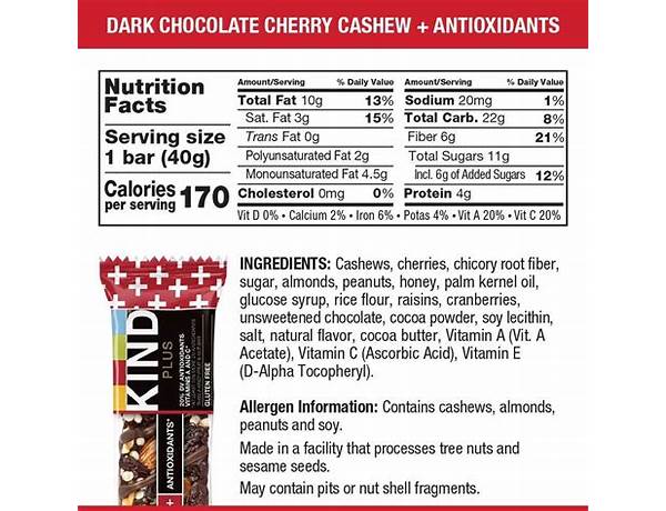 Dark chocolate cherry cashew bar nutrition facts