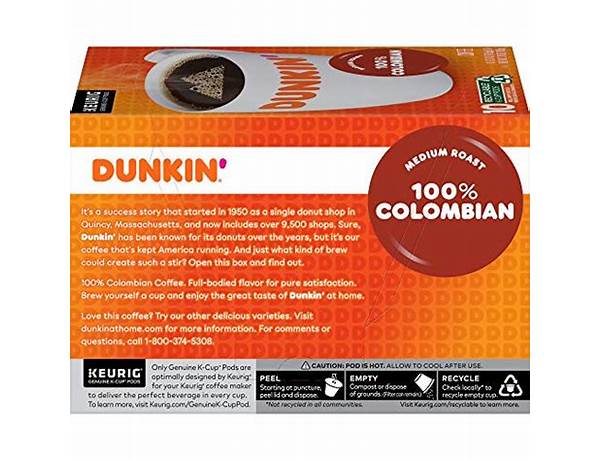 Dunkin' medium roast colombian k-cup pods nutrition facts