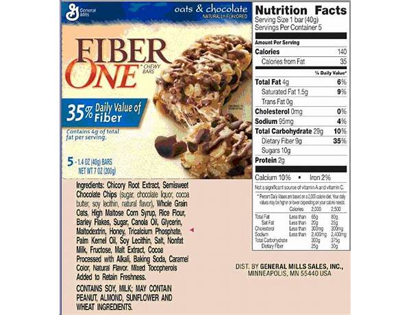 Fiber one chocolate chip bar food facts