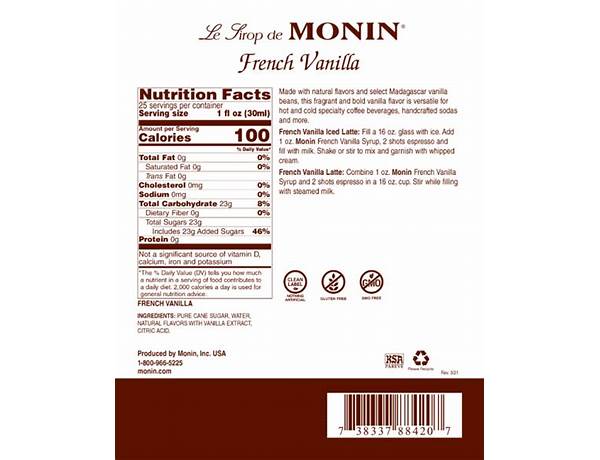 French vanilla syrup nutrition facts