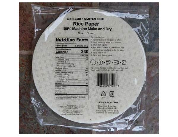 Freshroll rice paper nutrition facts