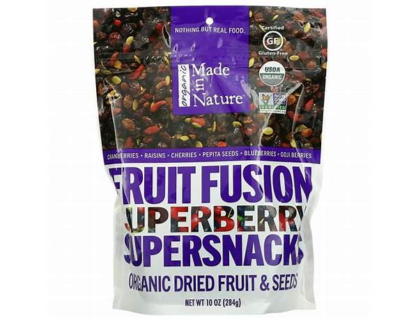 Fruit fusion superberry supersnacks, organic dried fruit & seeds food facts