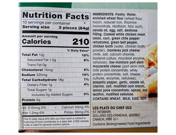 Green chili chicken firecrackers nutrition facts