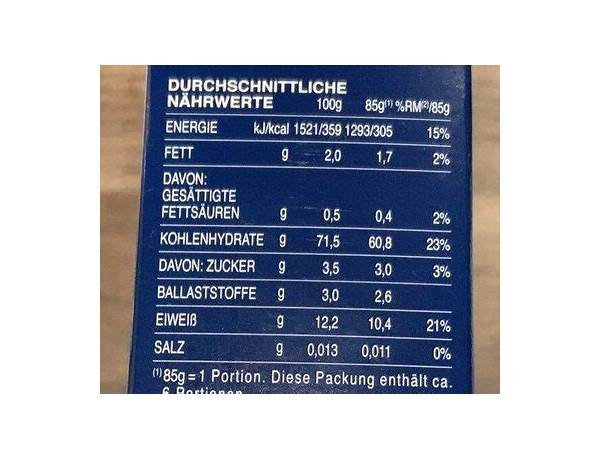 Hartweizen spaghetti nutrition facts