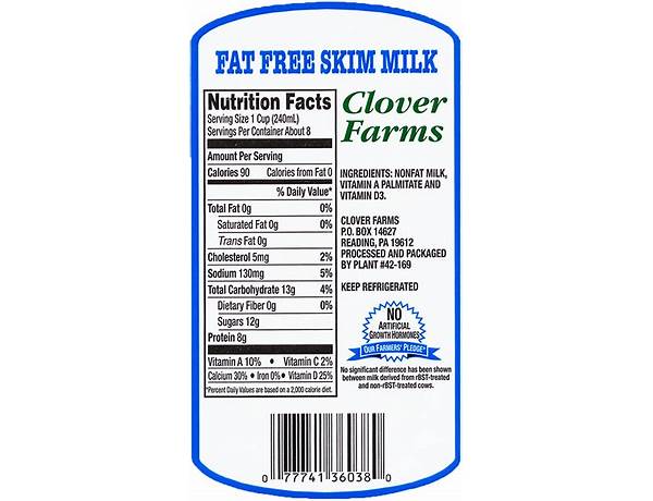 Hornbachers fat free skim milk food facts