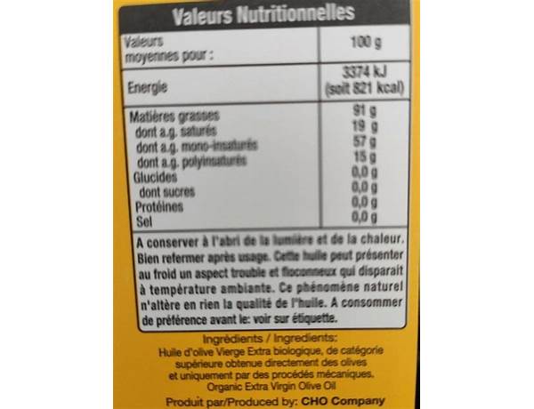 Huile d'olive vierge extra nutrition facts