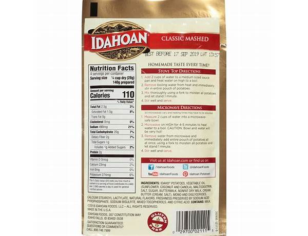 Idahoan classic mashed potatoes nutrition facts