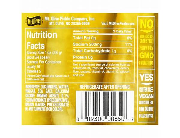 Kosher dill pickle spears nutrition facts