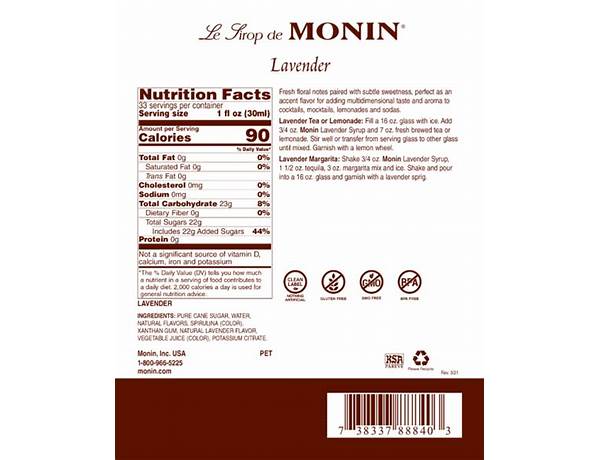 Lavender premium syrup nutrition facts