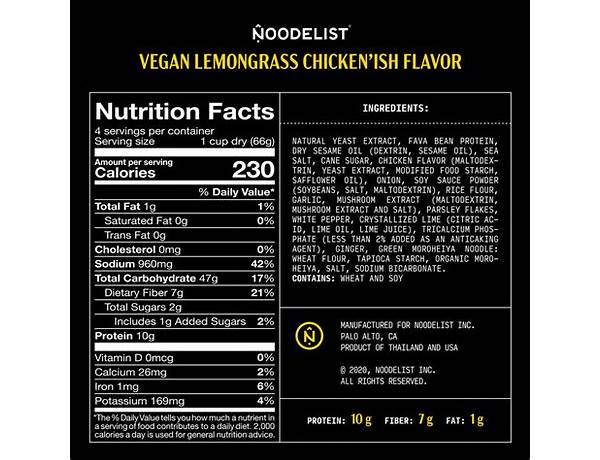 Lemongrass vegan chicken’ish flavor food facts