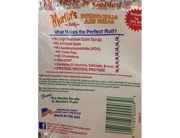 Martin's sandwich potato rolls nutrition facts