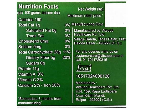 Masoor dal nutrition facts