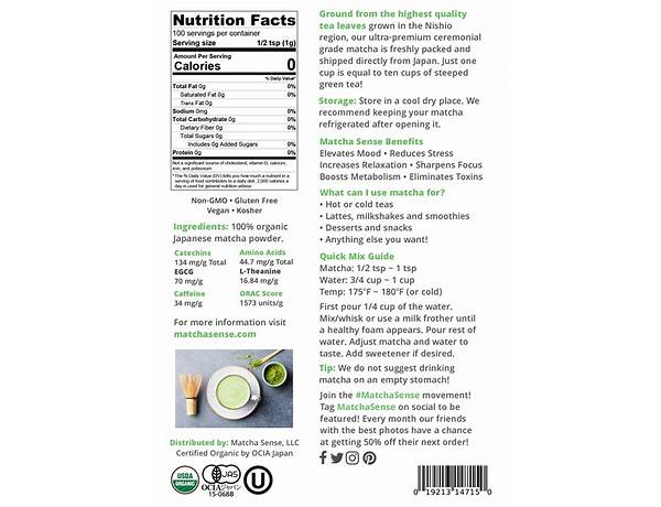 Matcha ceremonial grade packet nutrition facts