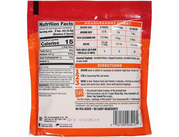 Mccormick taco seasoning nutrition facts