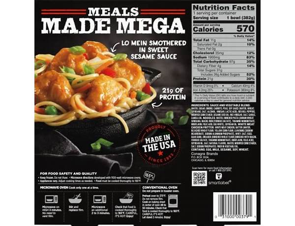 Mega bowls, sesame chicken lo mein food facts