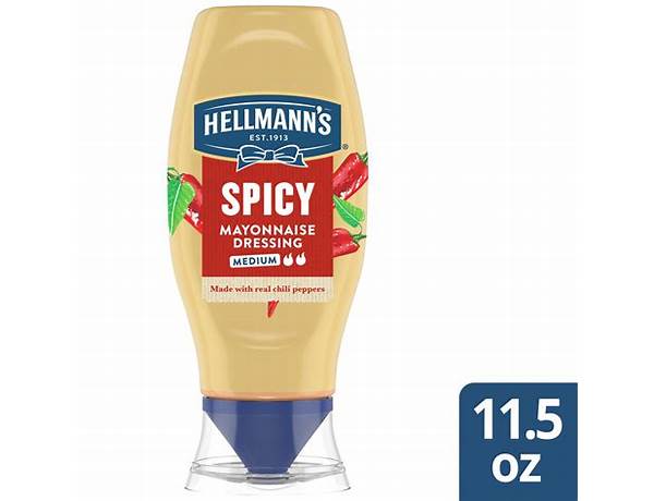 NEW HELLMANN'S EST.1913 SPICY MAYONNAISE DRESSING MEDIUM Made With Real Chili Peppers Richard Hellmann PER 1 TBSP SERVING 400 100 SAY FAT SUM 11.5 FL OZ (340mL), musical term