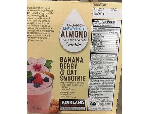 Organic almond beverage unsweetened vanill nutrition facts