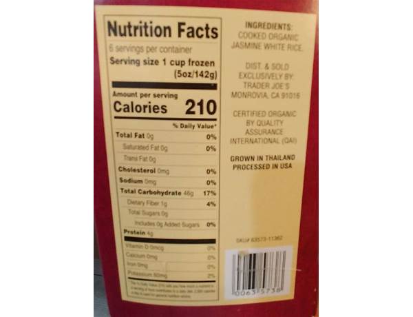 Organic jasmine rice nutrition facts