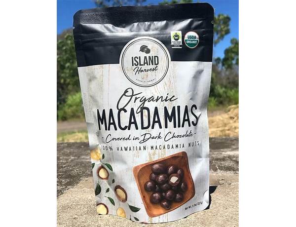 Organic macadamias covered in dark chocolate ingredients