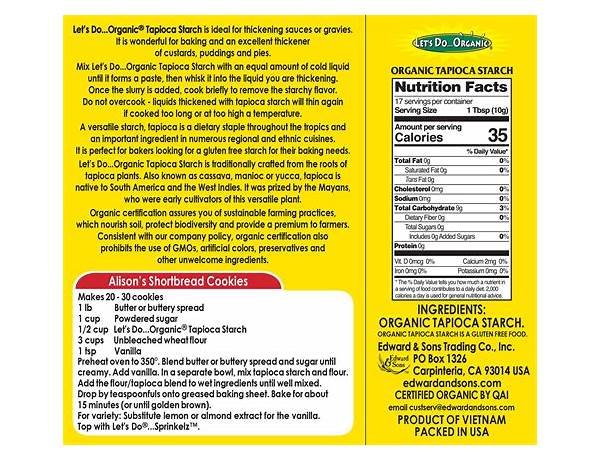 Organic tapioca starch (flour) food facts