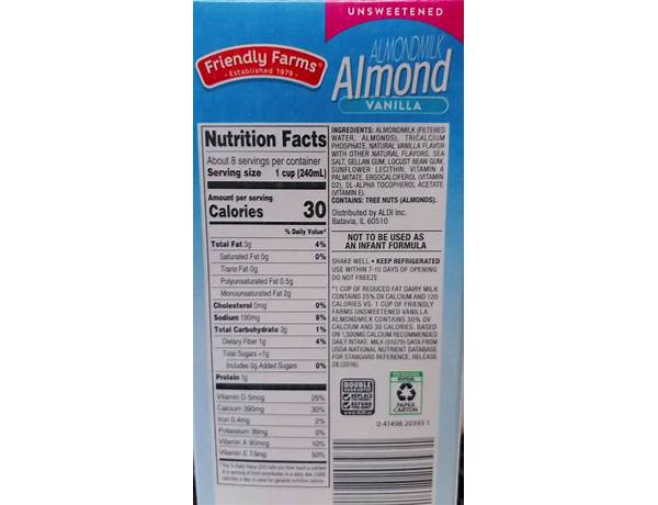 Organic vanilla almond milk food facts