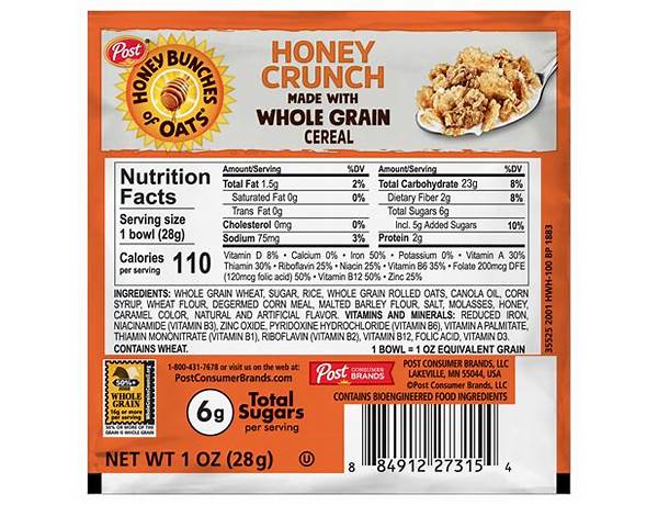 Pat crunch honey cereal food facts