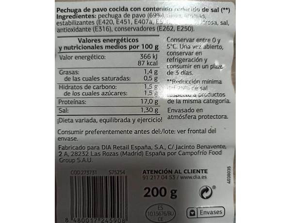 Pechuga pavo finas lonchas nutrition facts