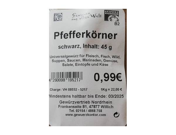 Pfefferkörner schwarz nutrition facts