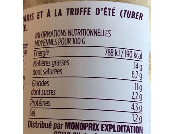 Préparation truffe champignons nutrition facts
