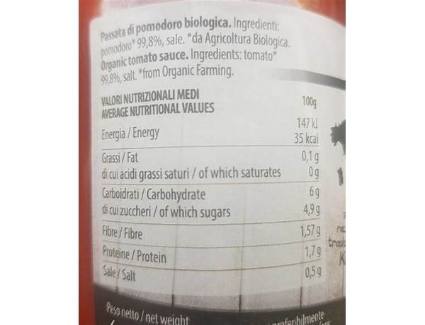 Sarno passata pomodo nutrition facts