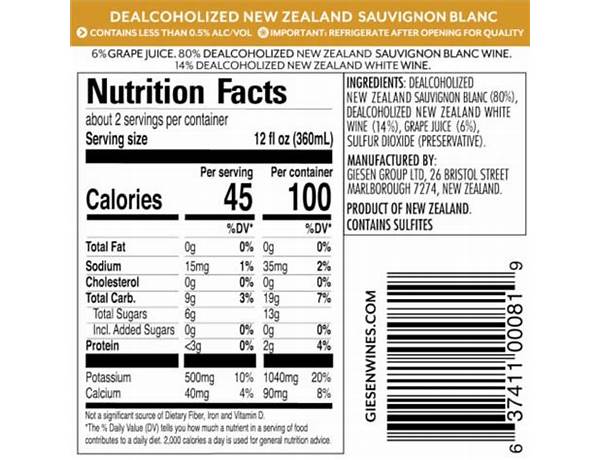 Sauvignon blanc   “ 0” wine nutrition facts