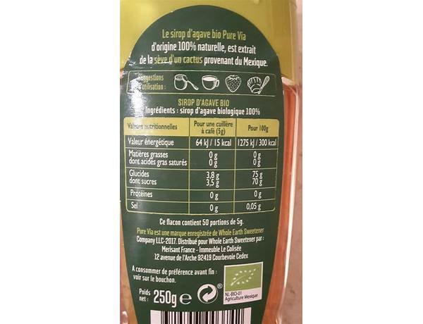 Sirop d’agave nutrition facts