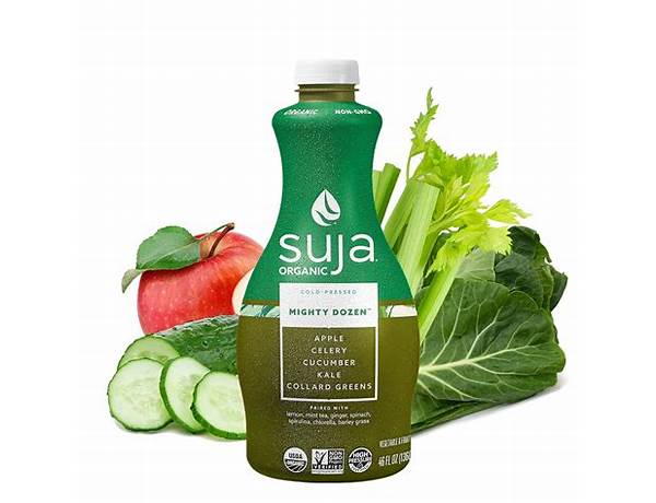 Suja, elements, king of greens juice, apple, celery, cucumber, kale, collard greens, lemon, ginger, spinach, chlorellla, spirulina food facts