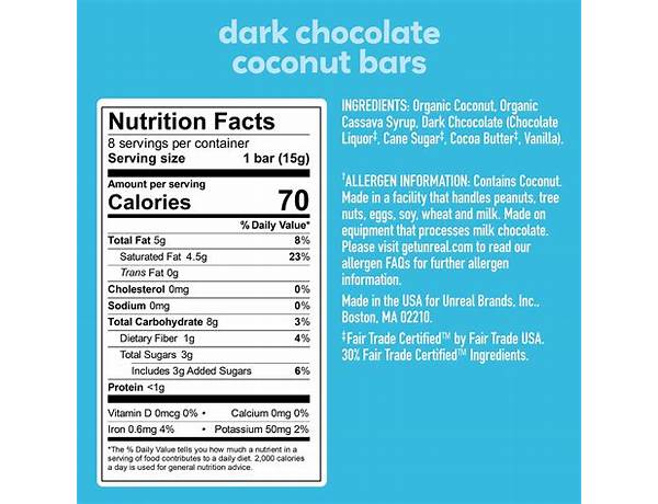 Unreal, dark chocolate coconut bar food facts