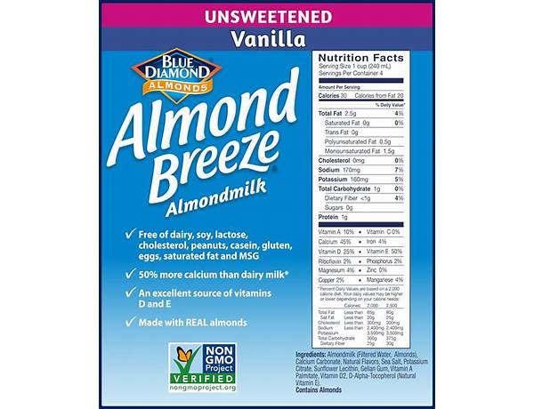 Unsweetened vanilla almond milk ingredients