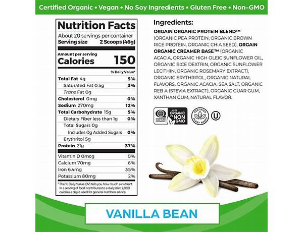 Vanilla bean plant based protein powder, vanilla bean food facts