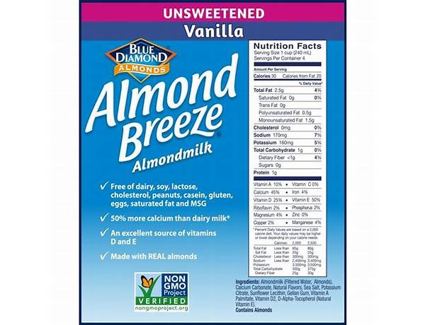Vanilla unsweetened almond milk food facts