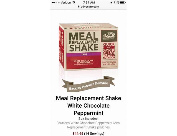 White chocolate peppermint meal replacement shake food facts