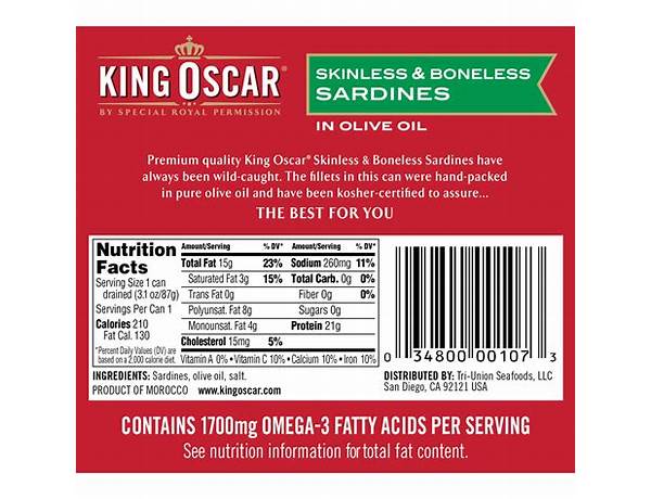 Wild, caught and sustainable, skinless and boneless sardines and extra-virgin olive oil nutrition facts