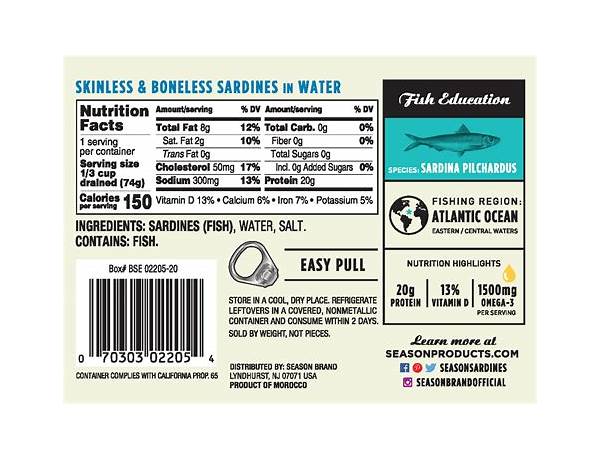 Wild sardines in spring water nutrition facts